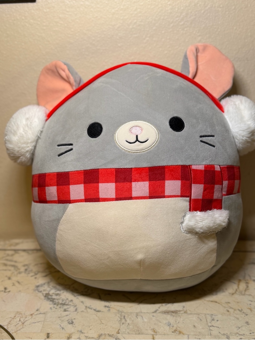 Squishmallows Gray Mouse Plush with Red Check Scarf and Cream Belly